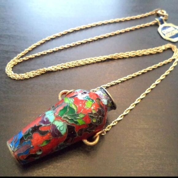 STUNNING VINTAGE ESTATE CLOISONNE FLOWER URN 25" NECKLACE - Picture 1 of 4